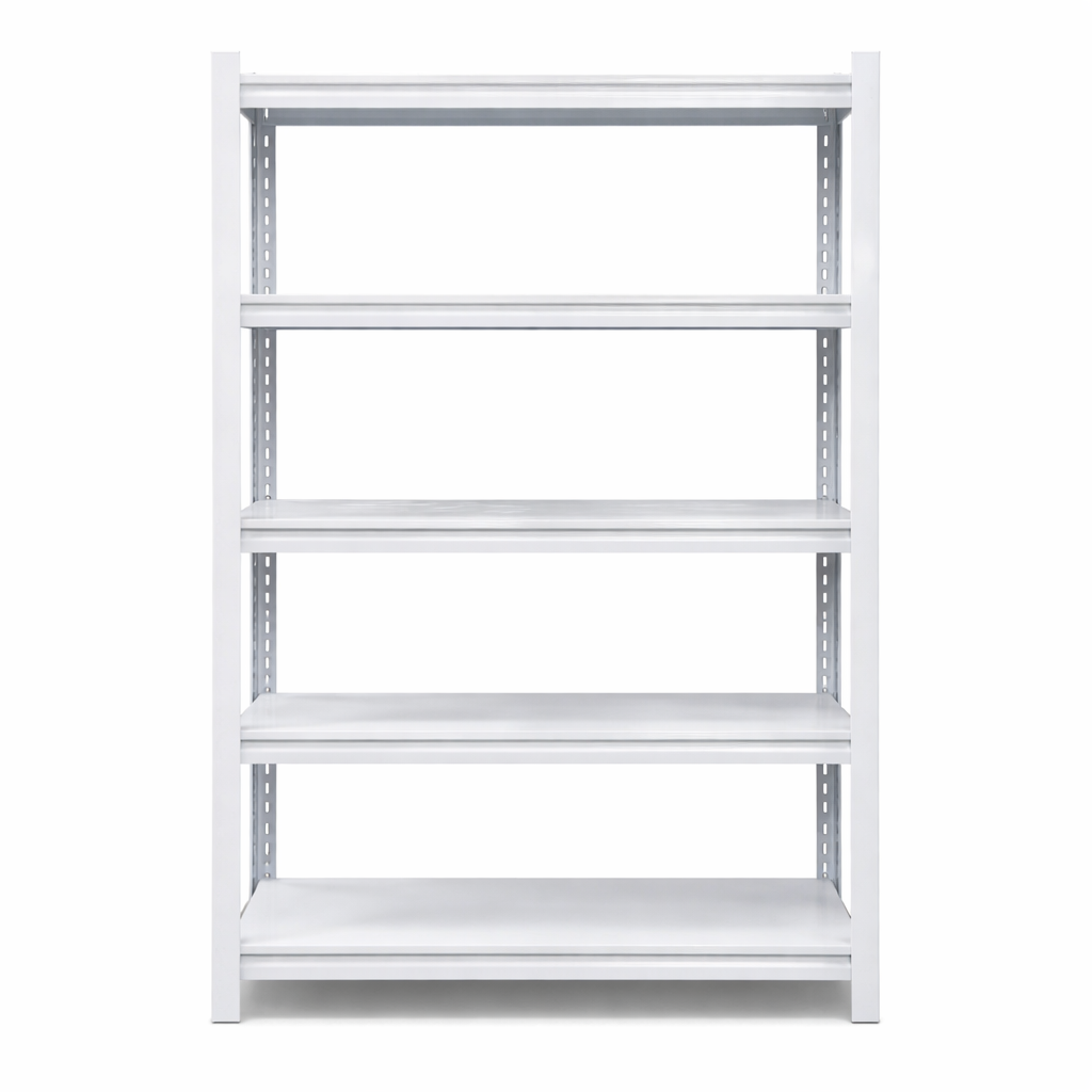 Multi purpose steel shelving unit in white, 5 tier design, perfect for home and commercial storage needs.