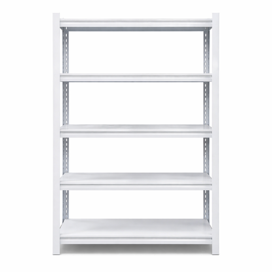 Multi purpose steel shelving unit in white, 5 tier design, perfect for home and commercial storage needs.